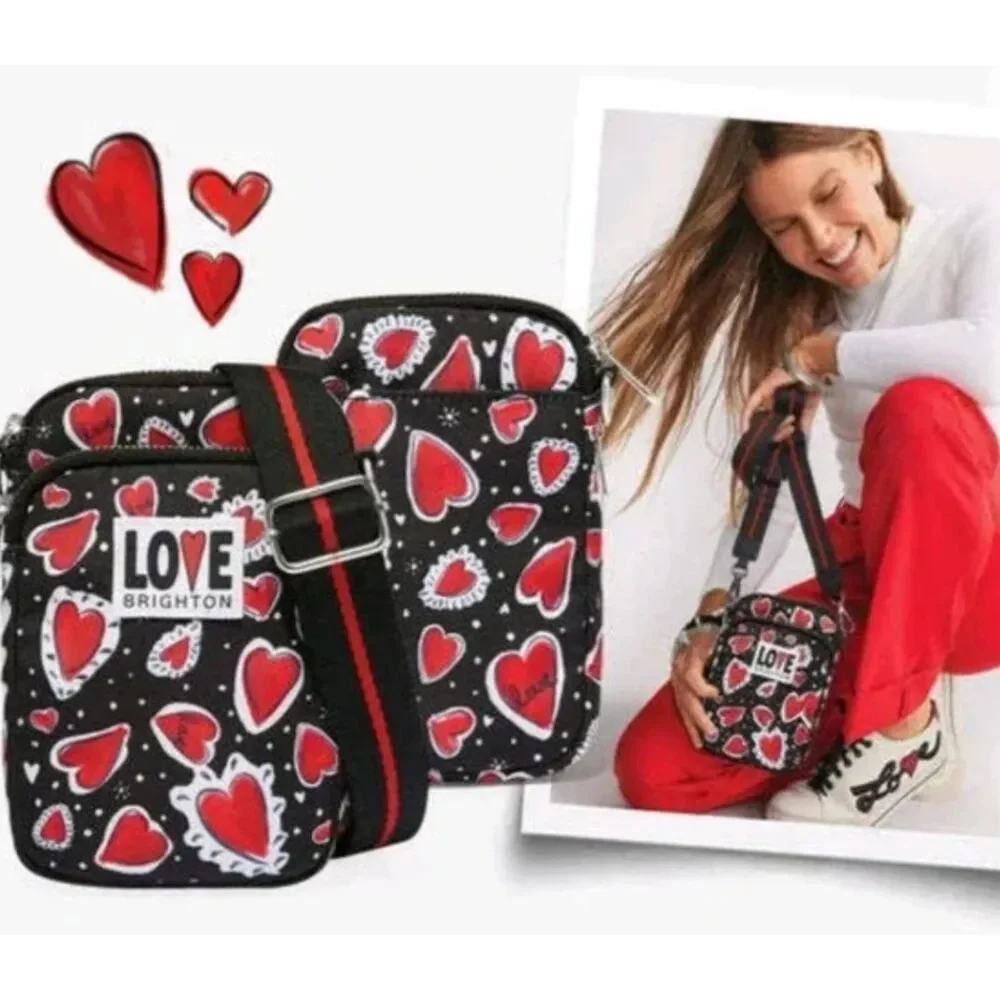 ~ NEW Brighton Hearts a Flutter Crossbody Bag Utility Black Red Love Silver Hrdw - Picture 1 of 13